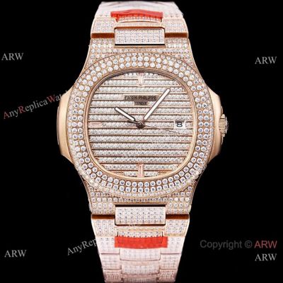 Grade 1 Replica Patek Philippe Nautilus Pave Diamond Watch 5719 Rose Gold Case